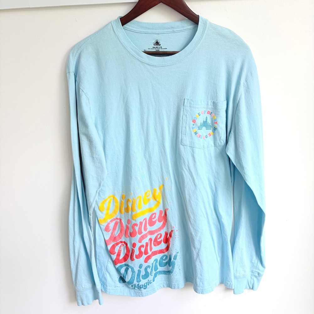 Disney World Long Sleeve Pocket Tee Large Light Blue Logo Graphic Shirt Cotton
